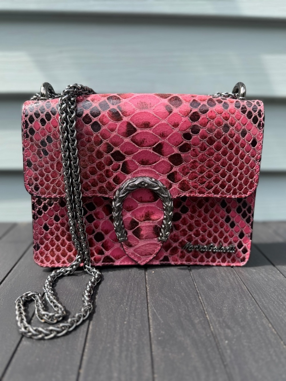 Marina Galanti Vera Pelle Fuchsia Snakeskin Print Leather Shoulder Bag